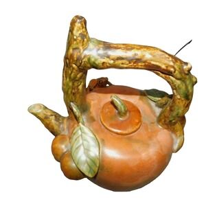 Whimsical Vintage Ceramic Teapot Cicada Orange Branch Handle Unique Collectible